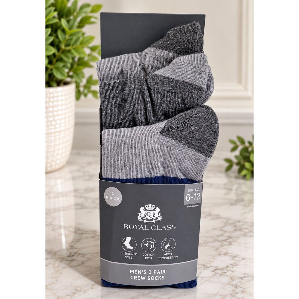 Royal Class Mens Crew Socks 3 Pair Gray Cushioned Arch Compression Size 6-12 NEW